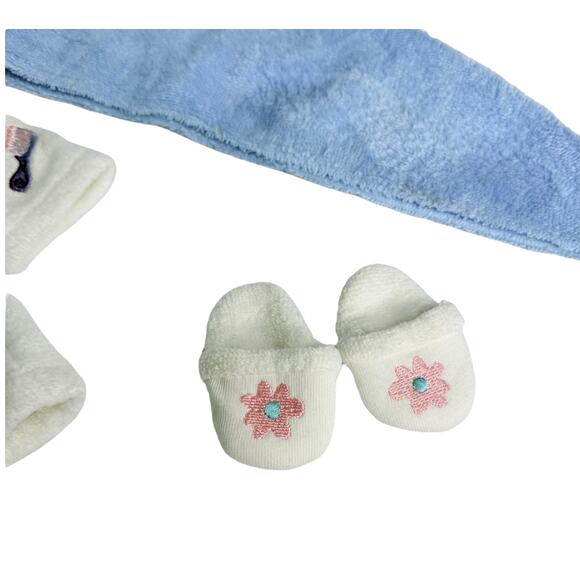 American Girl Doll Spa Robe Slippers Head Towel Set Terrycloth White Blue Pajama - Picture 8 of 9